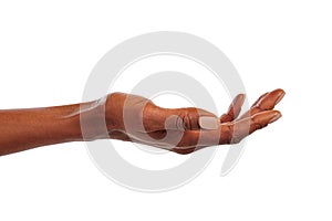 Beautiful black female hand facing upwards on white background