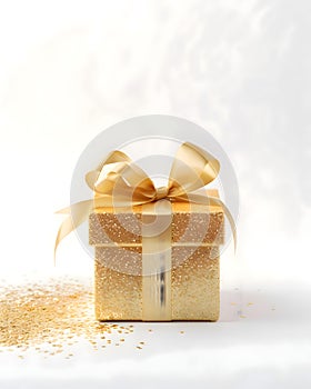 A beautiful black and gold Christmas present on a solid color background - festive glitter and ribbons