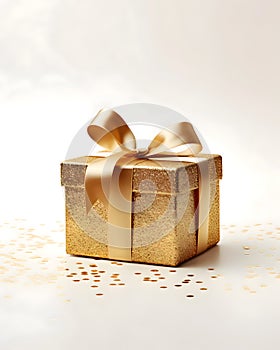 A beautiful black and gold Christmas present on a solid color background - festive glitter and ribbons