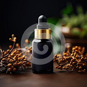 Beautiful Black Gold Cosmetic Serum Perfume Bottle Mockup Elegant Packaging Showcase Space Logo, Lettering, Text Generative AI