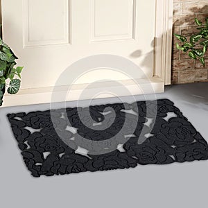 Beautiful Black Grey Rose Flower Textured Rubber Glitter door mat with yellow flowers and leaves