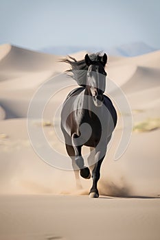 Beautiful black horse running in the sand dunes of the desert