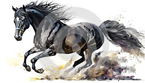 Hermoso negro un caballo correr en arena. acuarela pintar. 