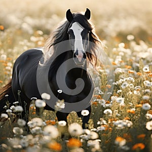 Beautiful black horse standing in a field of white flowers