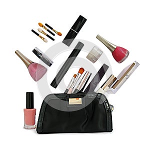 Beautiful black makeup bag and cosmetics