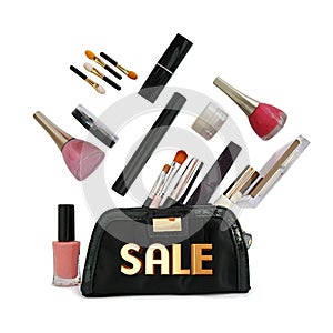 Beautiful black makeup bag and cosmetics