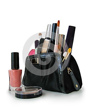 Beautiful black makeup bag and cosmetics