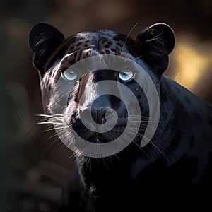 Beautiful black panther\'s face with striking look from his eyes, close-up portrait