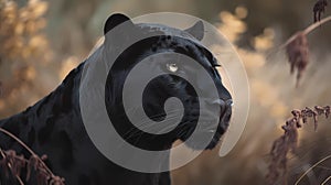 Beautiful black panther\'s face with striking look from his eyes, close-up portrait