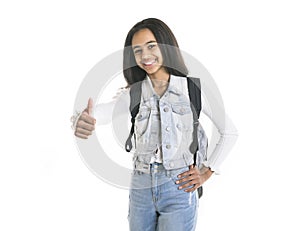 Beautiful black school girl posing on studio white background with backpack