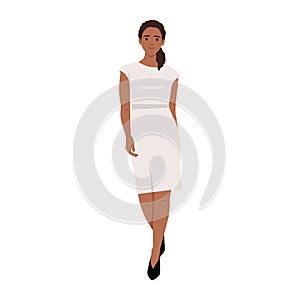 Beautiful black Smiling Female Model in red long dress vector illustration Fashion Woman Wearing white Dress Walking Girl