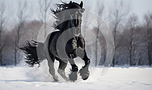 Beautiful black stallion galloping in winter field, motion blur