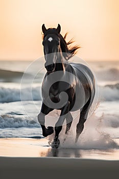 Beautiful black stallion running on the sandy beach at sunset.