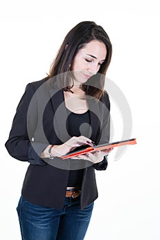 Beautiful black suit businesswoman using tablet pc computer