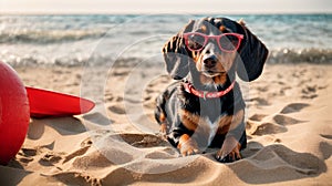 A beautiful black and tan Dachshund buried in the sand at the beach during summer vacation