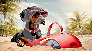 A beautiful black and tan Dachshund buried in the sand at the beach during summer vacation