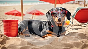 A beautiful black and tan Dachshund buried in the sand at the beach during summer vacation