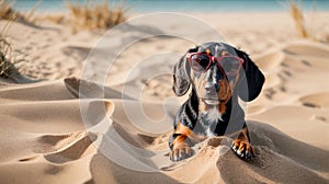 A beautiful black and tan Dachshund buried in the sand at the beach during summer vacation