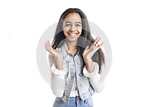 Beautiful black teen posing on studio white background
