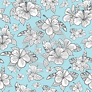 Beautiful black and white hibiscus tropical flower pattern vector. Turquose background. Illustration photo