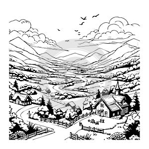 a beautiful black and white illustration of a rural setting A Peaceful Valley