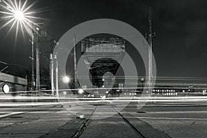 Beautiful black and white night photograph of the historic Cherry Avenue Z-2 asymmetric bob-tail swing bridge with cantilevered