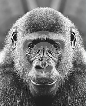 A beautiful black and white portrait of a monkey at close range that looks at the camera. Gorilla