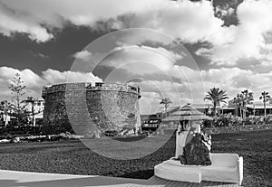 Beautiful black and white view of the Castillo de San Buenaventura, a defense tower located in Caleta de Fuste, Fuerteventura