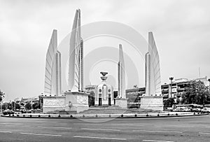 Beautiful black and white view of The Democracy Monument in a moment of tranquility, Bangkok, Thailand