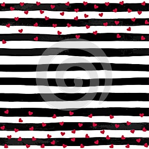 Beautiful black and white watercolor striped background with red hearts.