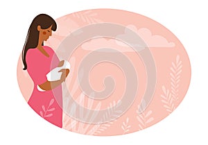 A beautiful black woman holds a newborn baby in her arms. Maternity and pregnancy concept, banner for antenatal clinic