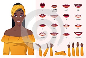 Beautiful Black Woman Wearing Yellow Blouse and Head Wrap Mouth Animation And Lip Sync, Cartoon Afro American Girl