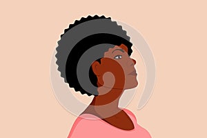 Beautiful black woman. Young african american woman keep her head up. Beautiful face and hairstyle. Side view. Isolated on a beige