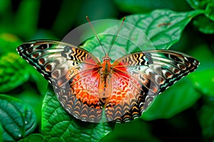 Beautiful black, yellow and orange butterfly rests among the foliage of a garden