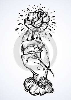 Beautiful blackwork tattoo design. Vintage woman`s hand holding rose flower. Dark romance. High-detailed vector artwork isolated.