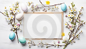 Beautiful blank easter card with eggs and spring blossoms and copy space