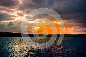 Beautiful blazing sunset, landscape at Varna lake near the black