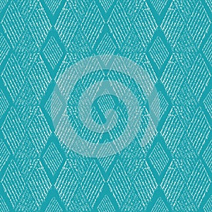 Beautiful block print style white rhomboid geometric design. Seamless vector pattern on aqua blue background. Perfect