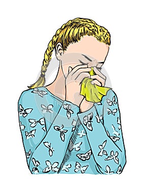 Beautiful blond bunches haired girl sneezing blowing nose on tissue because of spring allergy or crying Vector sketch