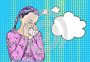 Beautiful blond bunches haired girl sneezing blowing nose on tissue because of spring allergy or crying. Vector sketch