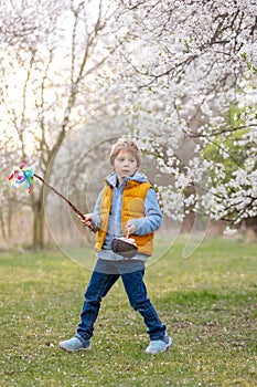 Beautiful blond child, boy, holding twig, braided whip made from pussy willow, traditional symbol of Czech Easter used for