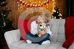 Beautiful blond child, young school boy, playing in a decorated home with knitted toys