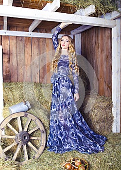 Beautiful blond fashionable woman on hay barn