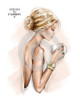 Beautiful blond hair girl profile. Fashion girl holding a coffee cup. Woman with hair bun. Stylish girl.