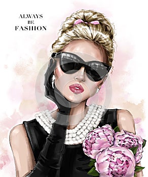 Beautiful blond hair girl in sunglasses. Fashion girl with hair bun. Pretty woman with peonies. Stylish look. Woman in black glove