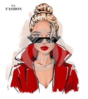 Beautiful blond hair girl in sunglasses. Woman with hair bun. Fashion woman. Pretty girl. Fashion illustration.