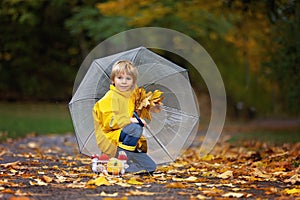 Beautiful blond preschool child, playing with leaves, mushrooms and pumpkins in the rain, holding umbrella