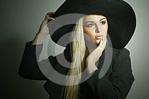 Beautiful Blond Woman in Black Hat.Spring Topcoat.
