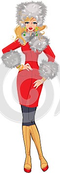 Beautiful blond woman dressing in red coat with wh