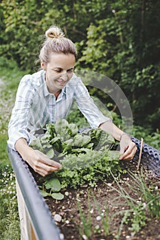 Beautiful blond woman posing next to raised garden bed and her fresh vegetables